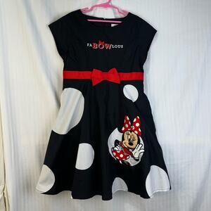 Disney Parks White Polka Dot Black Minnie Mouse Bow Dress Girl’s Size Large